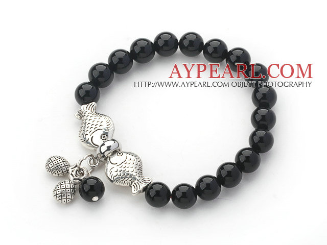 8mm Round Black Agate Stretch Bangle Bracelet with Tibet Silver Fish Accessories