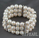 8.5-9mm Three Strands A Grade Natural White Freshwater Pearl Stretch Bangle Bracelet with Rhinestone