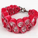 Fashion Style Clear Crystal and Rose Pink Velvet Ribbon Woven Bold Bracelet with Extendable Chain
