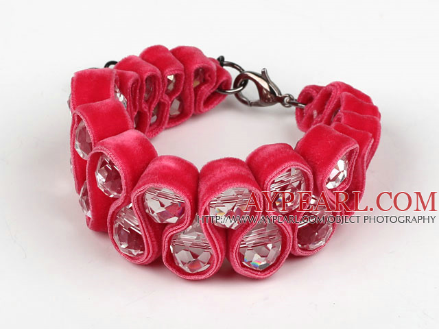 Fashion Style Clear Crystal and Rose Pink Velvet Ribbon Woven Bold Bracelet with Extendable Chain