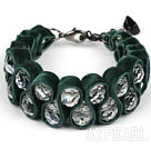 Fashion Style Clear Crystal and Dark Green Velvet Ribbon Woven Bold Bracelet with Extendable Chain
