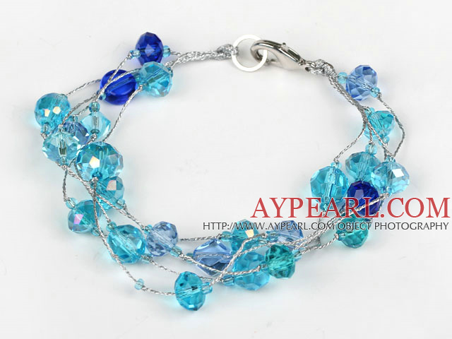 Multi Strand Faceted Blue Crystal Bracelet with Silver Color Wire