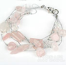 Wholesale Multi Strand Pink Series Rose Quartz and Clear Crystal Bracelet with Silver Color Wire