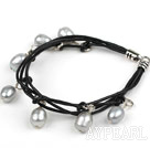 8-9mm Gray Freshwater Pearl Bracelet with Black Leather Cord