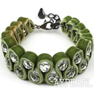 Fashion Style Clear Crystal and Olive Green Velvet Ribbon Woven Bold Bracelet with Extendable Chain