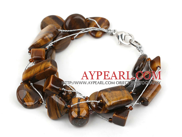 Multi Strands Tiger Eye Bracelet with Silver Color Wire