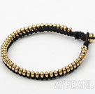 Fashion Style Yellow Copper Beads Hand-Knotted Black Leather Bracelet