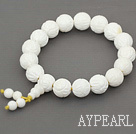 12mm Round Carved Lotus White Sea Shell Beaded Stretch Prayer / Rosary Bracelet