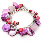 Assorted Purple Freshwater Pearl and Rose Quartz and Purple Shell Bracelet with Metal Chain