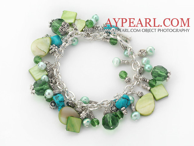 Assorted Green Freshwater Pearl Crystal and Green Shell and Turquoise Bracelet with Metal Chain