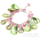 Assorted Green Drop Shape Shell and Pink Pearl Bracelet with Metal Chain