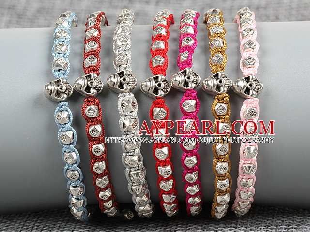 7 PCS Trendy Nickel Free Alloyed Skull Head Charm Multi Color Thread Hand-Knitted Bracelet (Random Color)