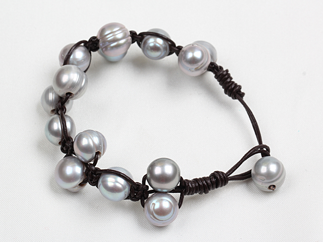Popular Style 10-11Mm Natural Grey Freshwater Pearl Black Leather Bracelet