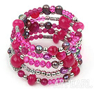 Wholesale 2013 Spring Design Hot Pink Series Pearl Crystal and Pink Agate Wrap Bangle Bracelet