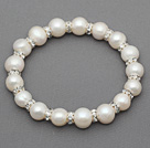Classic Design Round Natural White Freshwater Pearl and Rhinestone Ring Stretch Bangle Bracelet