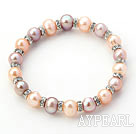Classic Design Round Pink and Purple Freshwater Pearl and Rhinestone Ring Stretch Bangle Bracelet
