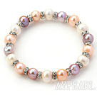 Classic Design Round White Pink Purple Freshwater Pearl and Rhinestone Ring Stretch Bangle Bracelet