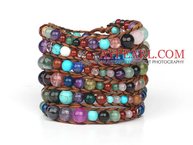 Assorted Multi Color Multi Stone Woven Wrap Bangle Bracelet with Brown Wax Thread