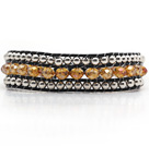 Fashion Style Three Rows Brown Crystal and Silver Beads Woven Bangle Bracelet