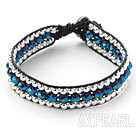 Fashion Style Three Rows Dark Blue Crystal and Silver Beads Woven Bangle Bracelet