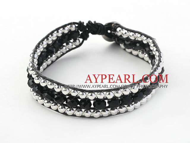 Fashion Style Three Rows Black Crystal and Silver Beads Woven Bangle Bracelet
