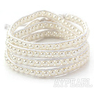 Fashion Style Round White Glass Beads Woven Wrap Bangle Bracelet with White Wax Thread