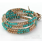 Fashion Style Round Turquoise and Golden Color Metal Beads Woven Wrap Bangle Bracelet with Gray Wax Thread
