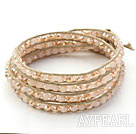 Fashion Style Light Pink Jade Crystal Woven Wrap Bangle Bracelet with Gray Wax Thread