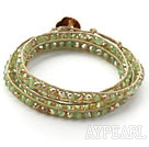 Fashion Style Olivine Color Jade Crystal Woven Wrap Bangle Bracelet with Gray Wax Thread