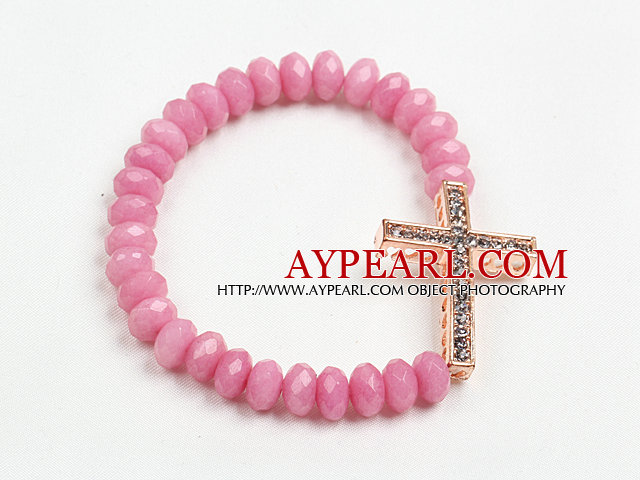 Summer Beach Jewelry Pink Jade Beaded Elastic/ Stretch Bracelet With Cross Charm