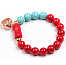 Simple Style Red Blood Stone Turquoise Beads Cylinder Coral Stretch / Elastic Bracelet With Golden Rose Color Hollow Heart Charm