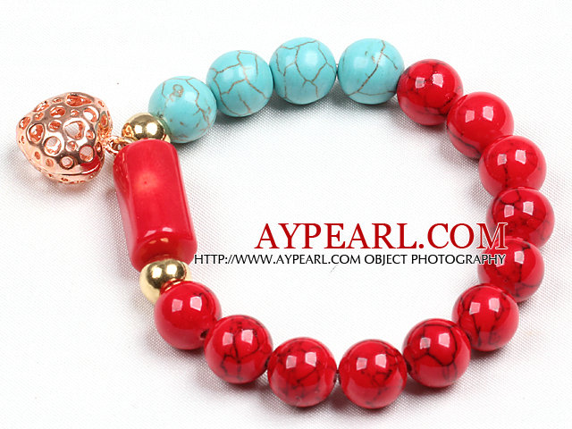 Simple Style Red Blood Stone Turquoise Beads Cylinder Coral Stretch / Elastic Bracelet With Golden Rose Color Hollow Heart Charm