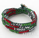 Fashion Style Red and Green and Gray Silver Color Crystal Woven Wrap Bangle Bracelet with Green Wax Thread