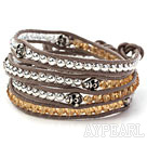 Orange Color Crystal and Silver Color Beads and Skull Woven Wrap Bangle Bracelet with Gray Leather Cord