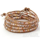 Discount Brown Series Multi Color Crystal Woven Wrap Bangle Bracelet with Brown Leather Cord