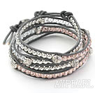 Assorted Pink Crystal and Silver Color Beads and Buddha's Head Woven Wrap Bangle Bracelet with Gray Leather Cord