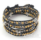 Golden Plated Color Crystal and Silver Color Skull Woven Wrap Bangle Bracelet with Black Leather Cord