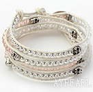 Pink Crystal and Silver Color Beads and Skull Woven Wrap Bangle Bracelet with White Leather Cord