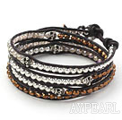 Golden Color Crystal and Silver Beads and Skull Woven Wrap Bangle Bracelet with Black Leather Cord
