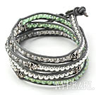 Green Crystal and Silver Color Beads and Skull Woven Wrap Bangle Bracelet with Black Leather Cord