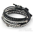Gray Crystal and Silver Color Beads and Skull Woven Wrap Bangle Bracelet with Black Leather Cord
