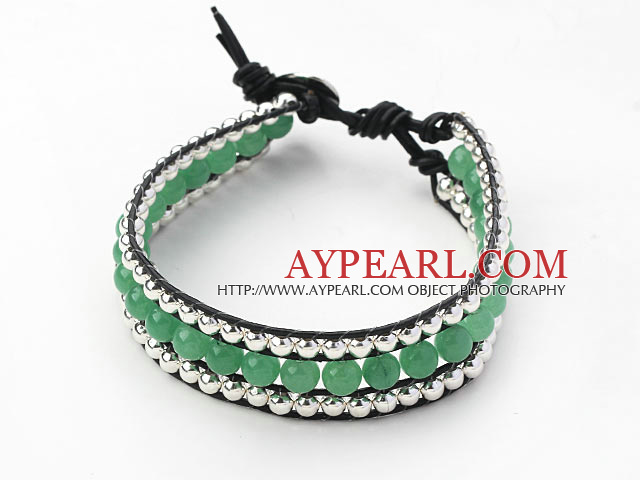 Green Series Round Aventurine Agate and Silver Beads Woven Bracelet with Black Leather Cord