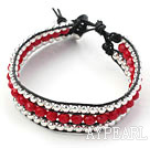 Red Series Red Crystal and Silver Beads Woven Bracelet with Black Leather Cord