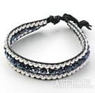 Black Series Black Crystal and Silver Beads Woven Bracelet with Black Leather Cord