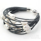 Multi Strands 11-12mm Natural White Freshwater Pearl Gray Leather Bracelet with Magnetic Clasp