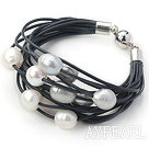 Multi Strands 11-12mm Natural White and Gray Freshwater Pearl Black Leather Bracelet with Magnetic Clasp