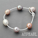 Classic Design 11-12mm Multi Color Freshwater Pearl White Leather Bracelet with Pearl Clasp