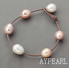 Classic Design 11-12mm Natural Pink and White Freshwater Pearl Leather Brown Bracelet with Pearl Clasp