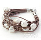 Multi Strands 11-12mm Natural White Freshwater Pearl Brown Leather Bracelet with Magnetic Clasp