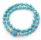 Double Rows Blue Turquoise and Golden Color Beads Stretch Bangle Bracelet with Blue Rhinestone Ball